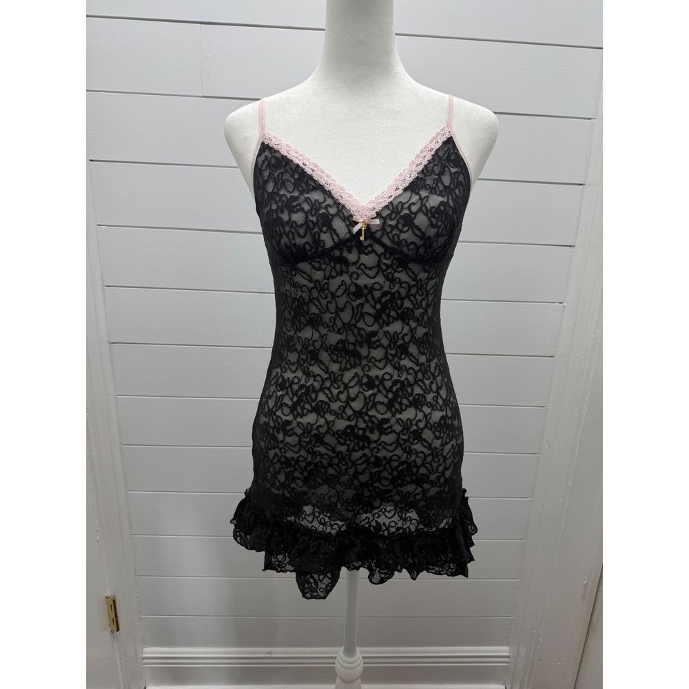 Y2k Victoria's Secret black pink lace ruffle mini slip lingerie grunge size M